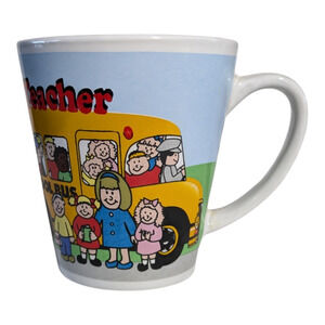 Vintage Ceramic Mug  A+ Teacher Yellow School Bus With Children 10 to 12 oz